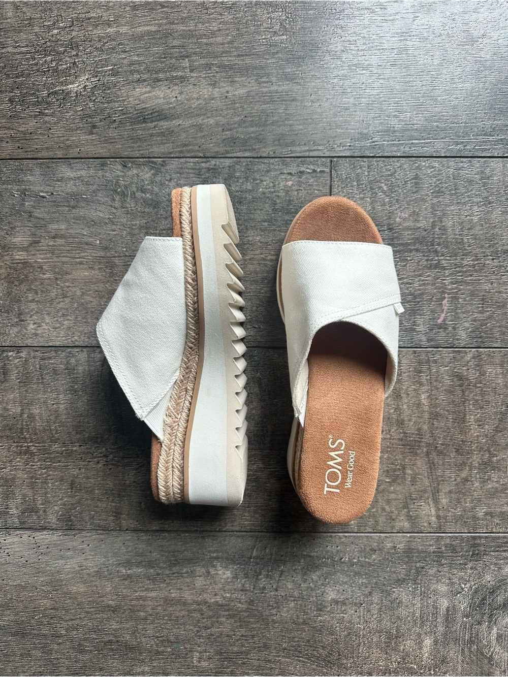 Toms White Canvas Slide Platform Mules with Tan Insole
